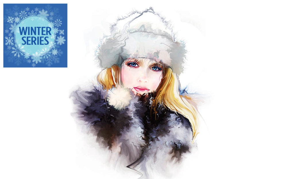 Beautiful watercolour illustration of pensive young woman, long blonde hair, in white furry hat and black/grey furry coat