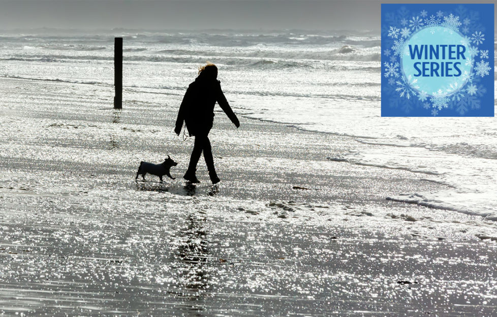 Woman and dog walking along wintry seashore