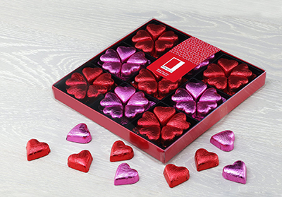 Milk Chocolate Foiled Praline Hearts in a Nine-Way Gift Box
