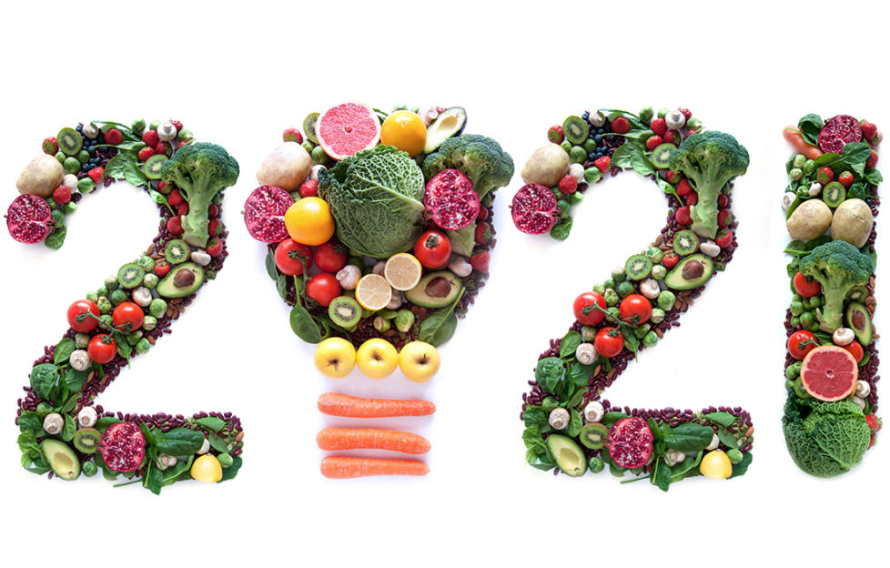 2021 made of fruits and vegetables including a light bulb icon;