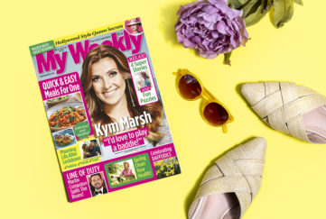My Weekly March 16 with Kym Marsh and cookery for 1 and 2, with a lilac peony, 60s style sunglasses and sandals