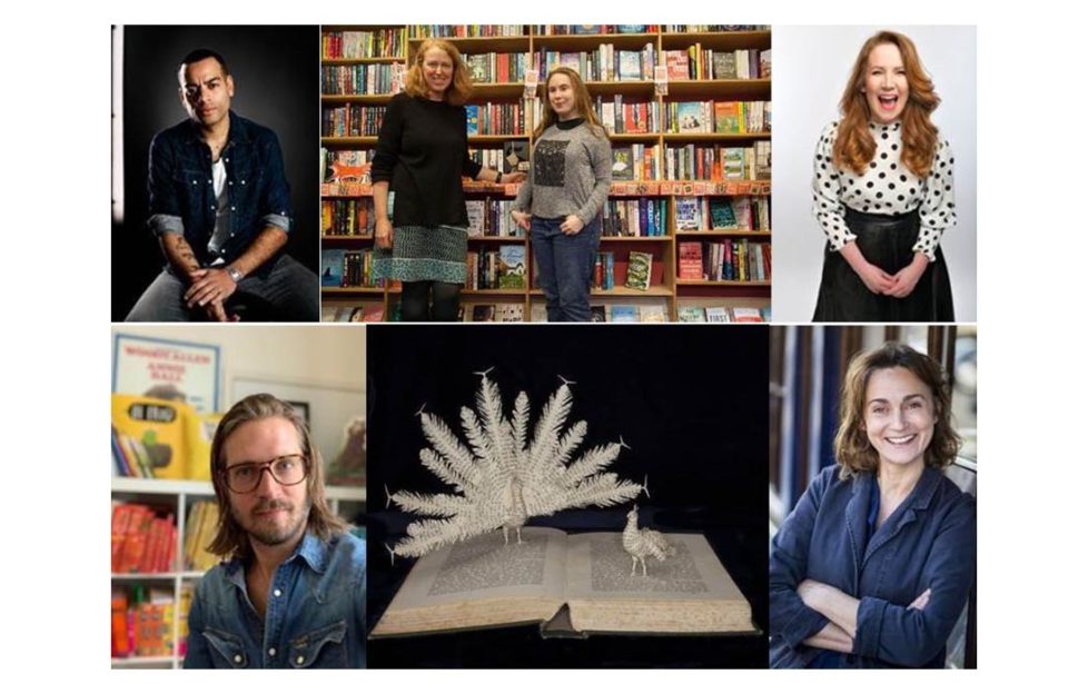 Top L-R: Ben Bailey Smith, Tracy Kenny & Bella Hall from Kett’s Books, Viv Groskop Bottom L-R: Jim Field, book sculpture by Emma Taylor, Sarah Winman