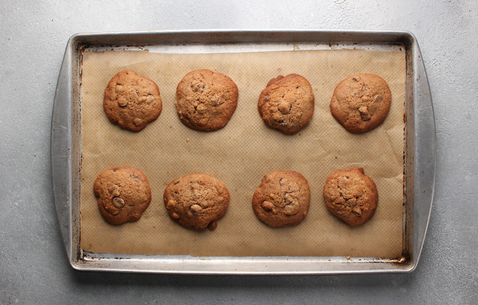 tray of choc chip cookies with guittard choc chips