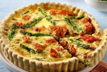 Salmon quiche with asparagus and spring onions