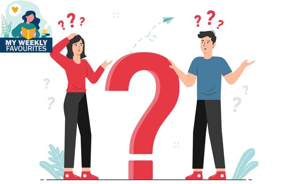 Man and woman thinking with big question mark. Doubts, problem, curious, confused. Questions concept illustration