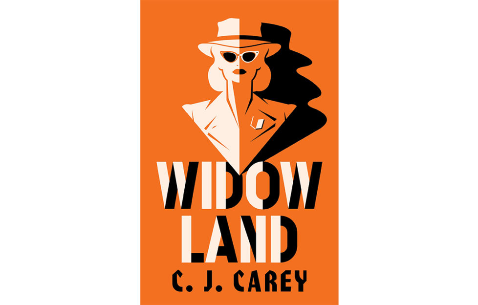 Cover of book Widowland, orange, black and white, stylised image of smart woman in sunglasses