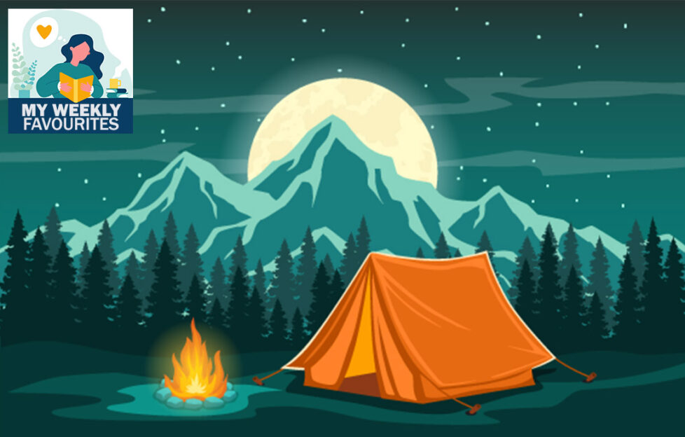 Family holiday, Tent and campfire, forest, mountains, full moon