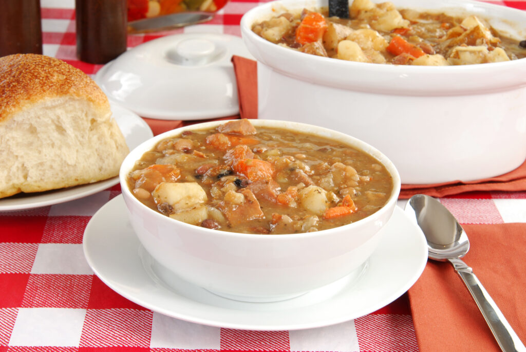 A bowl of homemade soup; 