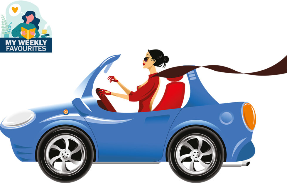 illustration woman driving blue convertible car, long scarf blowing behind