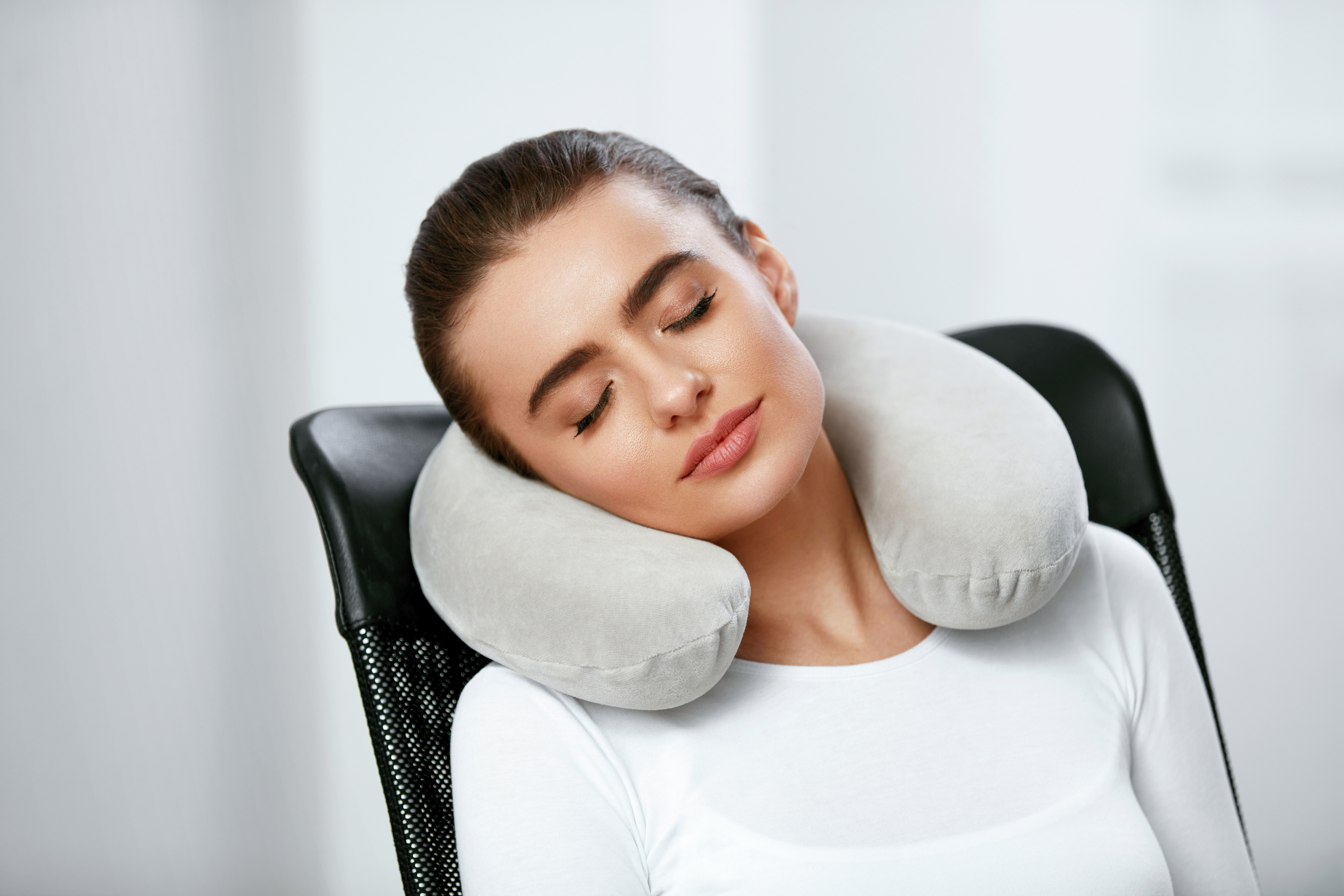 Travel Pillow. Woman With Pillow On Neck.;