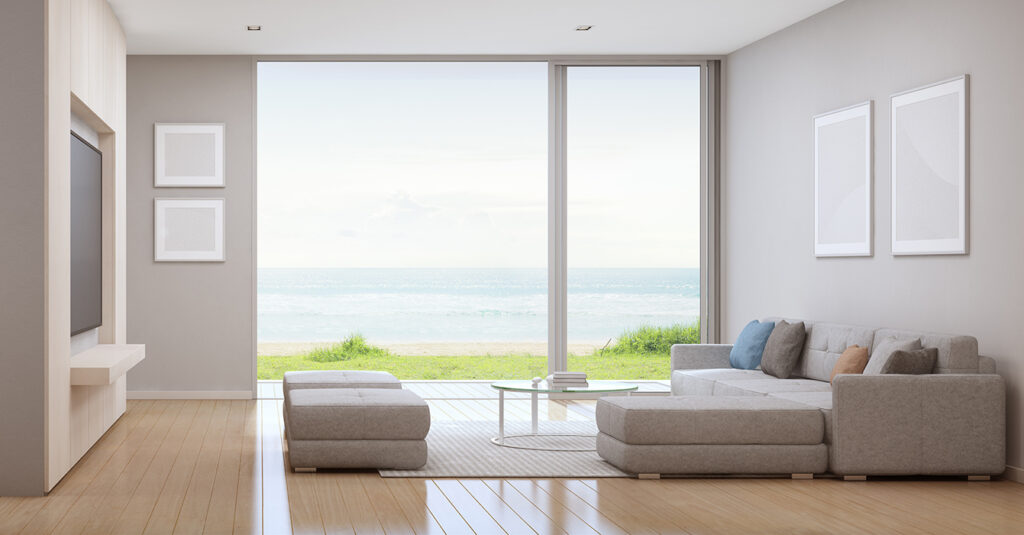 A beautiful living room with clean lines and wide glazing Pic: Shutterstock