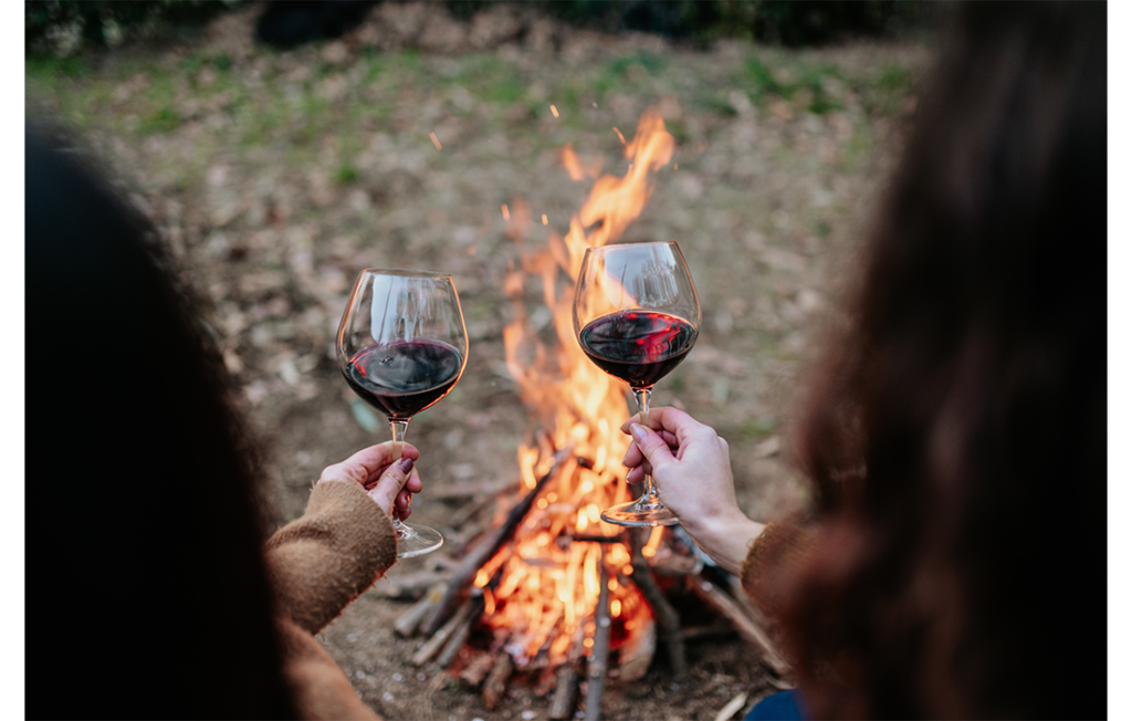 Two women toasting each with red wine in front of camp fire in garden