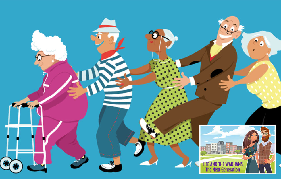 Illustration of elderly people doing the conga, lady at the front has a zimmer frame