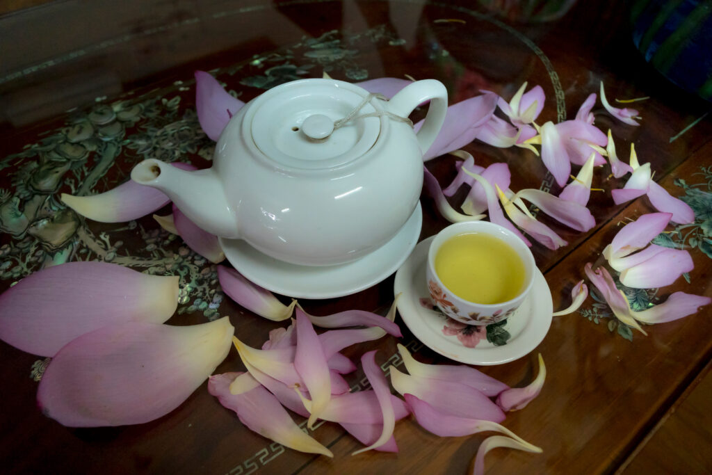 lotus petals with hot tea; 