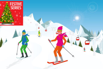 Couple skiing in the mountains against blue sky, Winter sport and recreation,winter holiday vacation and Ski resort concept vector illustration.