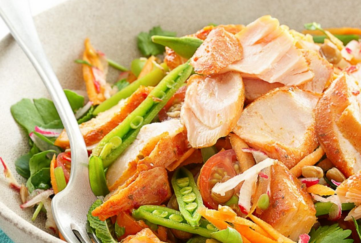 honey slow roast salmon, sugar snaps and radishes