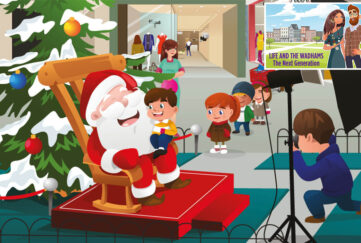 A vector illustration of kids lining up in the mall waiting to take pictures with Santa Claus