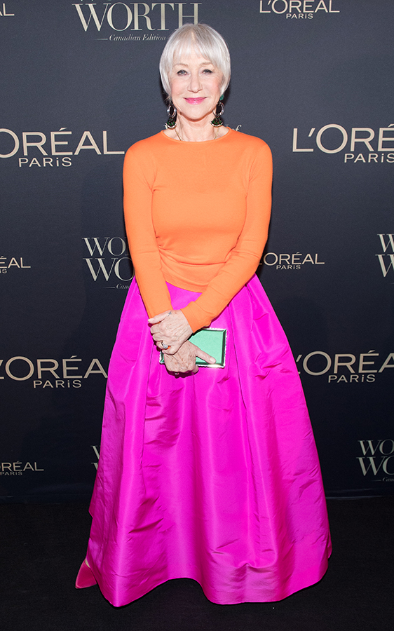 Dame Helen Mirren pink and orange