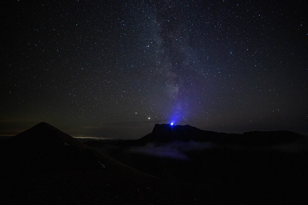 The Blue light representing Scotland on the summit of Ben Nevis from Càrn Mòr Dearg. Photograph: Martin Forry.