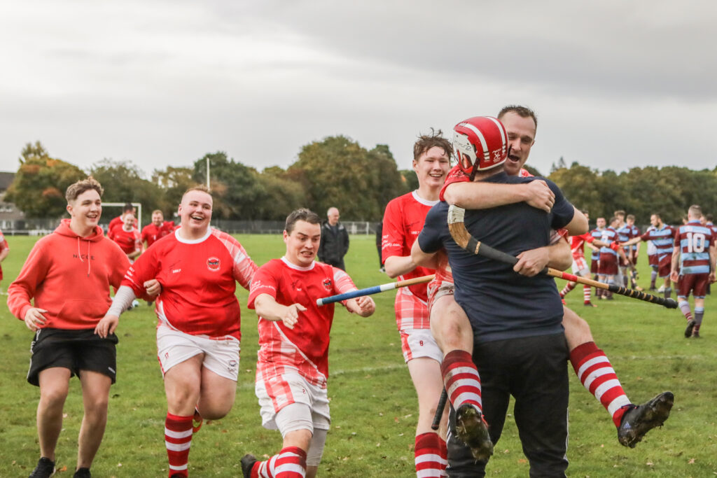 Inverness celebrate after winning the Mòd Shinty Cup on penalties at Bught Park, Inverness during The Royal National Mòd 2021 in Inverness, Scotland, 9/10/21
