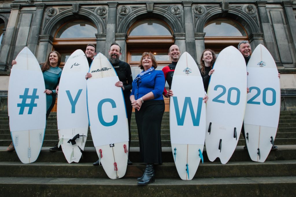 Cabinet Secretary Fiona Hyslop unveils events set to make a huge splash in celebration of Scotland’s Year of Coasts and Waters 2020, with local Scottish Surfers, using hashtag : YCW2020. L-R: Surfers Sally Harris, Owen McQueenie, Brian Allen, Sam Christopherson, Tamzin McQueenie and Martin McQueenie