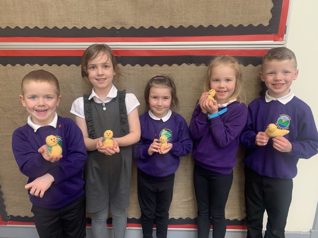 Some of the youngsters with their Easter gifts. NO F14 Kinlochleven Primary knitting event