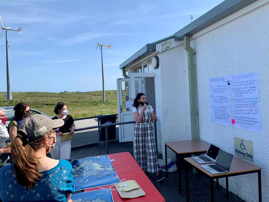 Connie Dawson from the Climate Beacons partnership leading a mapping workshop at Carinish Hall, North Uist. NO F36 Liniclate library 01
