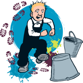 Oor Wullie walking with two metal buckets.