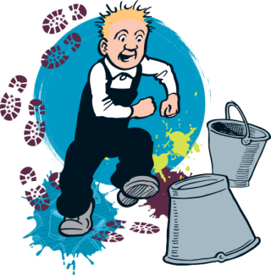 Oor Wullie walking with two metal buckets.
