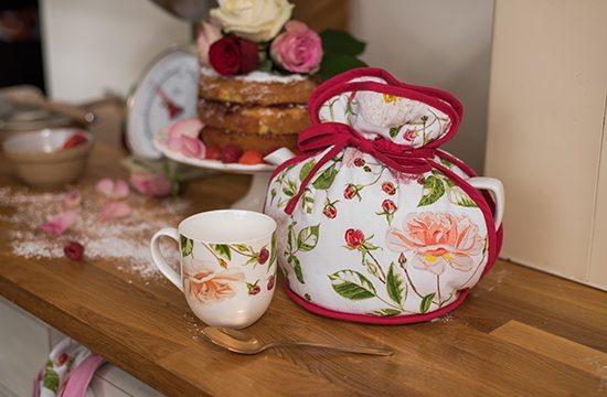 RHS Traditional Rose Muff Tea Cosy Lifestyle