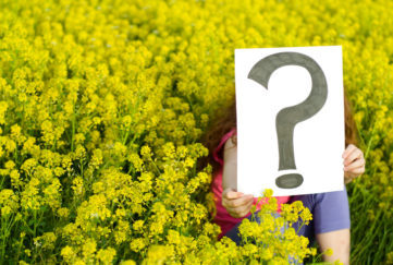 little girl holds a question mark sign in a field of yellow flowers. gardening expert