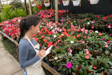 Latin American woman working at a garden center and making an inventory of the plants. August Garden checklist