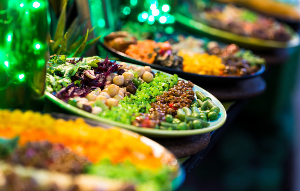 Close up of vegan vegetarian take away food in different bowls