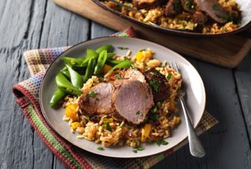 pork in coffee-chipotle marinade with vegetable rice