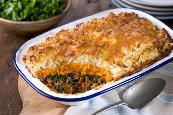 Shepherd's Pie in a blue and white dish