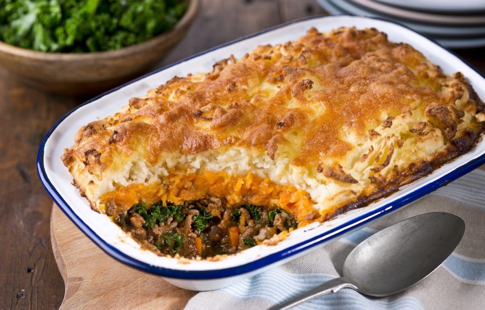 Shepherd's Pie in a blue and white dish