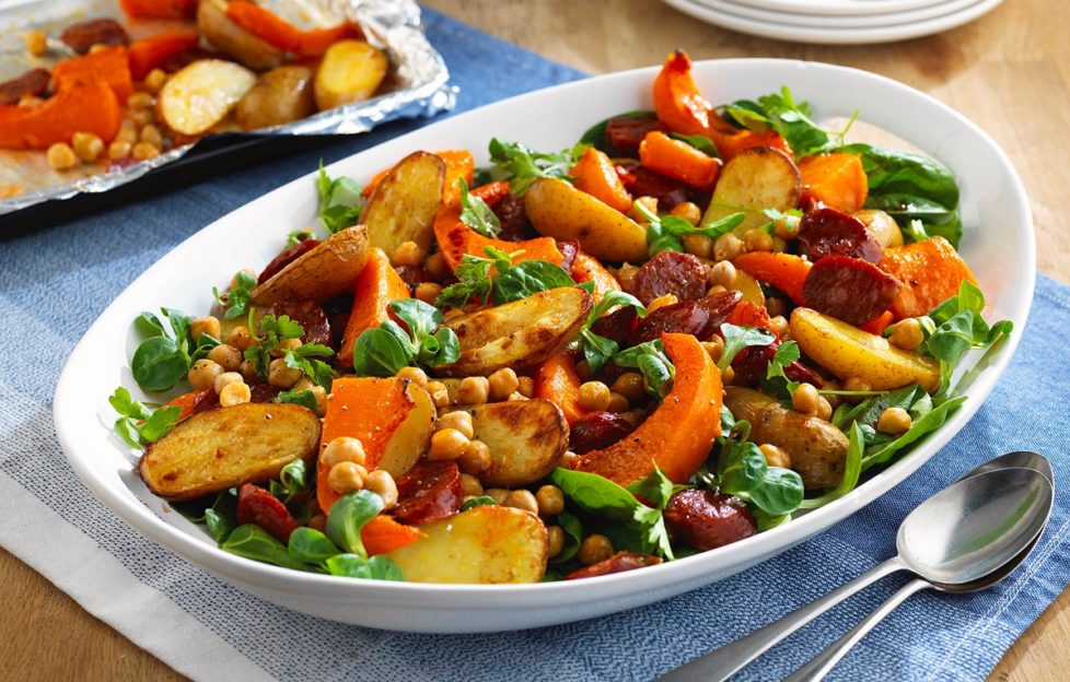 Butternut squash and chorizo salad in a large bowl