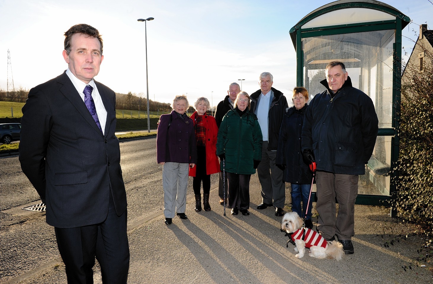 Councillor Steve Delaney with residents of Kingswells who are angry at the removal of the bus stop on the A944 at Kingswells