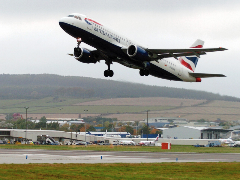 A BA flight taking off  from Aberdeen Airport