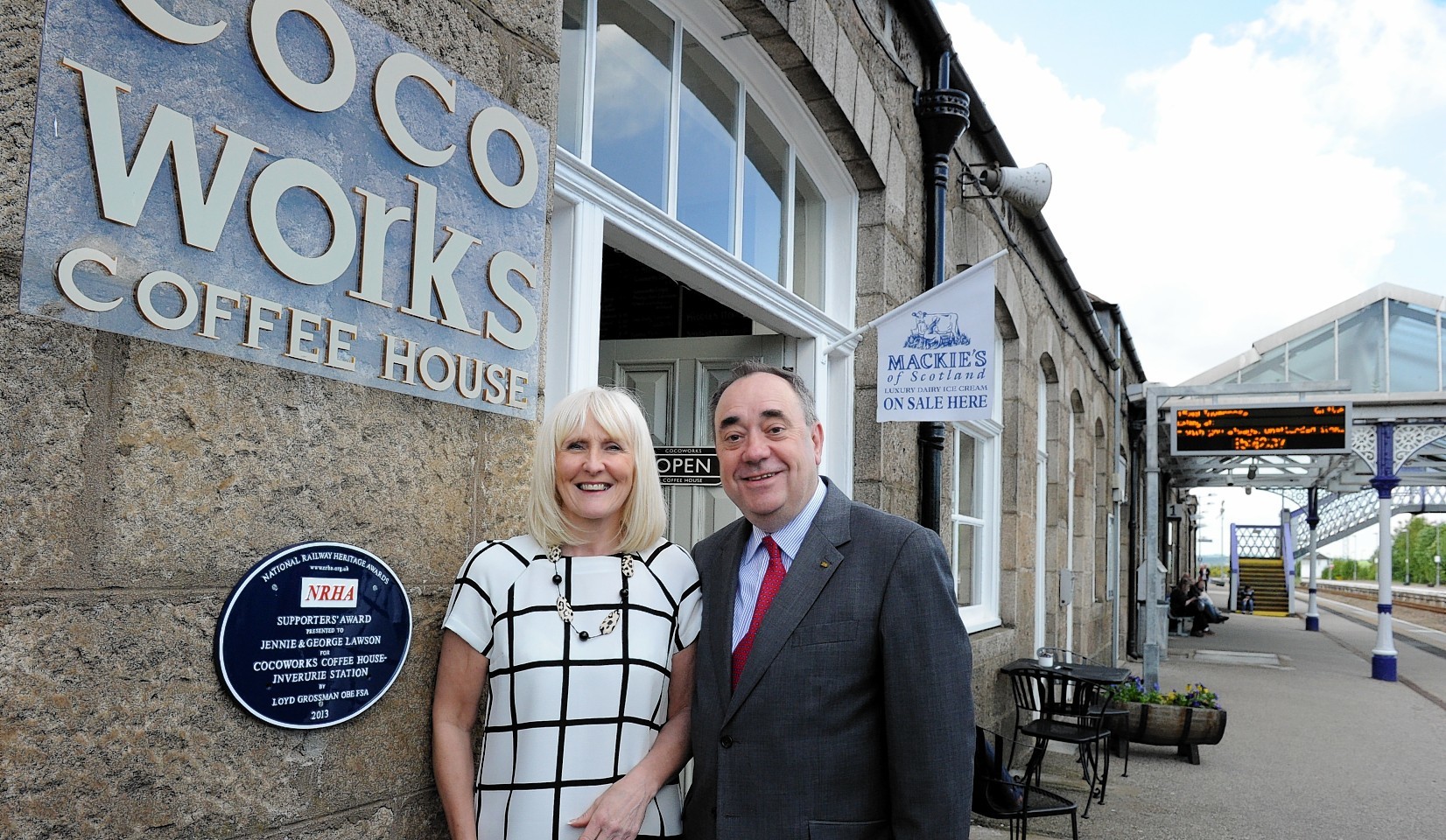 Alex Salmond with Jennie Lowson at the opening of the Coco Works, Train Staion, Inverurie