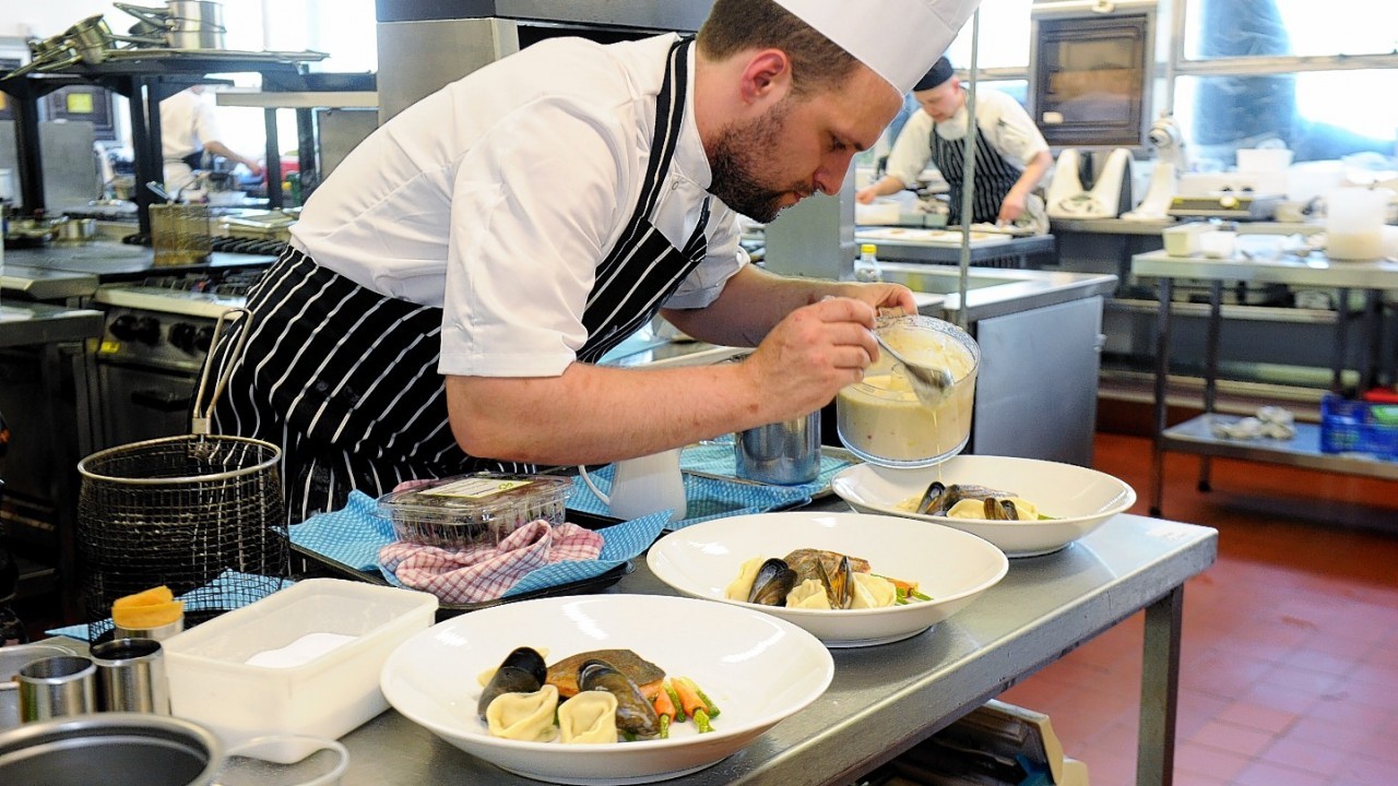 Grampian Chef of The Year - competitors cook at Aberdeen College Gallowgate Campus in Aberdeen. Chef Miles Craven in Action.
