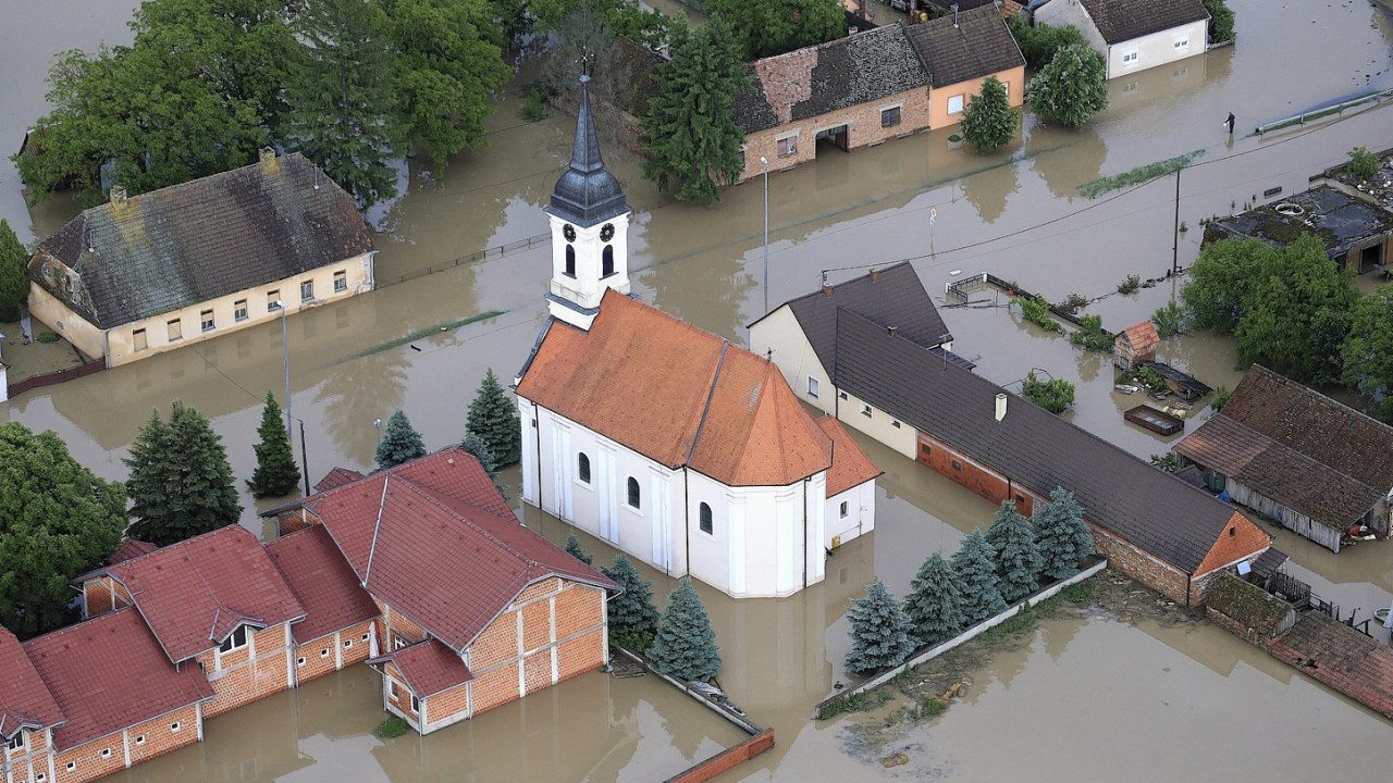 flooding waters cover  the village of Gunja, eastern Croatia. Three months' worth of rain fell on the Balkan region in three days, producing the worst floods since rainfall measurements began 120 years ago