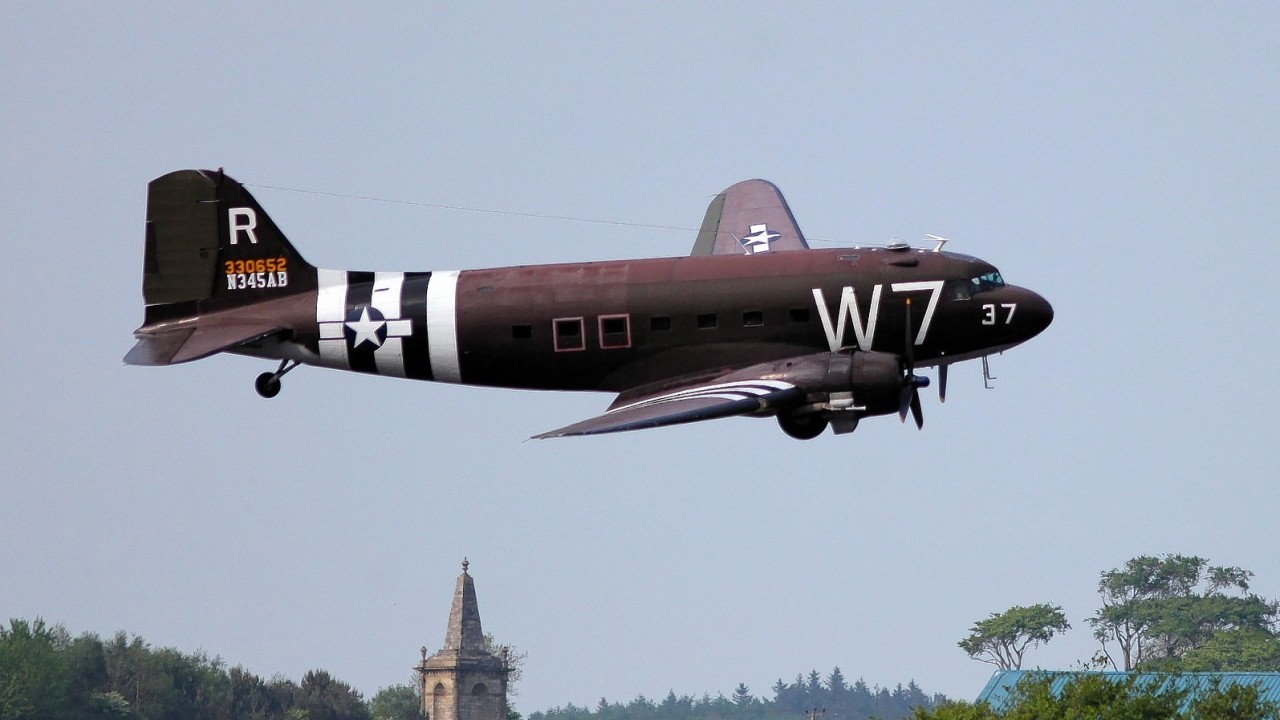 C-47 known in Britain as the Dakota that has been restored landed at Prestwick Airport, Ayrshire, for a pitstop on its way to Normandy