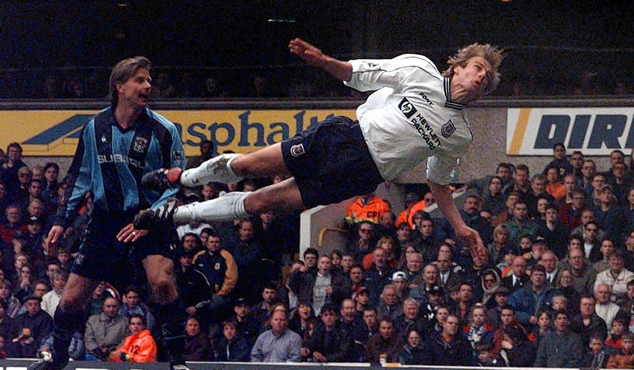 There was perhaps no one better at artfully making the most of the laws of gravity than Spurs legend Jurgen Klinsmann. The German striker arrived in English football with a reputation as the master of the black art of diving, but showed he had a willingness to make light of it when, after scoring on his Tottenham debut against Sheffield Wednesday in 1994, he produced a stunning full-length dive across the turf.