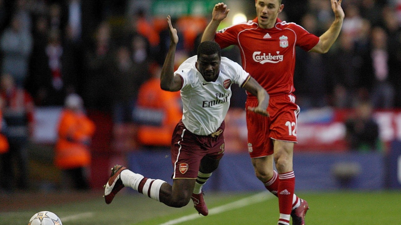 Arsenal's Emmanuel Eboue flying through the air after a challenge by Liverpool's Fabio Aurelio, as the Beautiful Game is known for having produced some great stars over the years, but also some great actors
