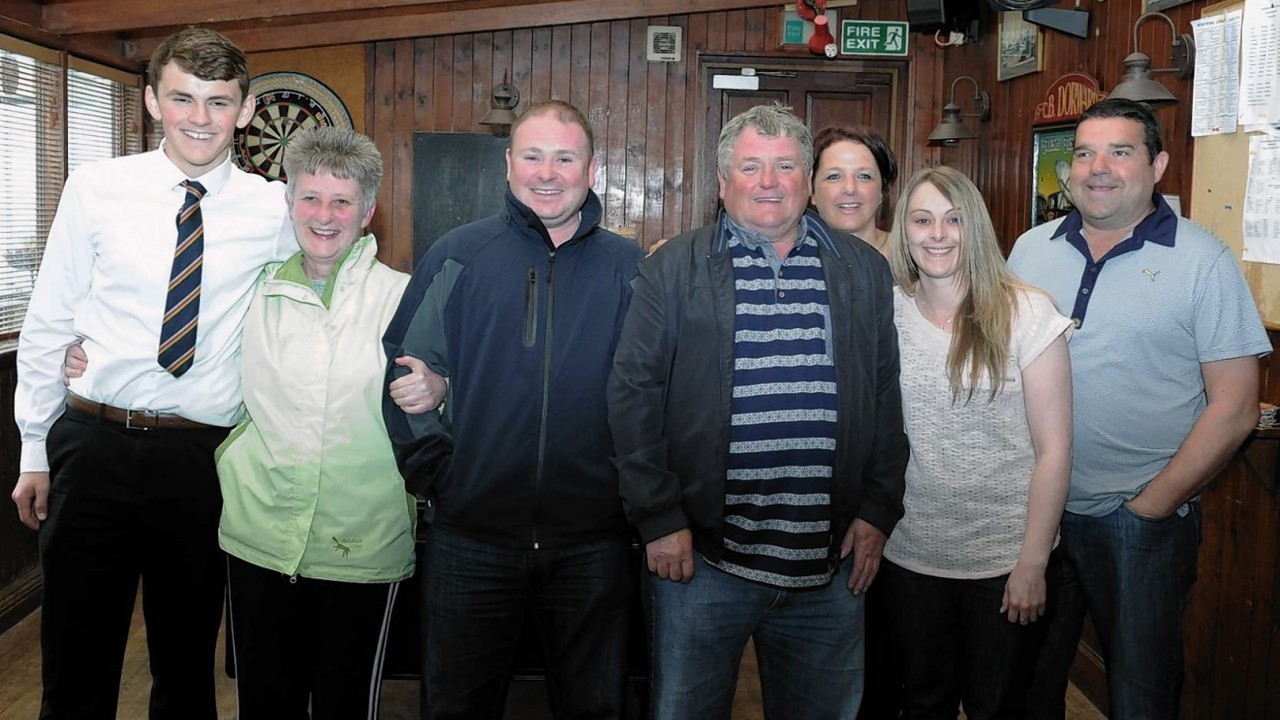 The family and friends of the fishermen found at sea. Pictured in the Harbour Bar, Gourdon are from left: Ritchie Irvine, Marion Irvine, Brian Irvine, David Irvine, Debbie Dorward, Michelle McKenzie and  Bruce Dorward