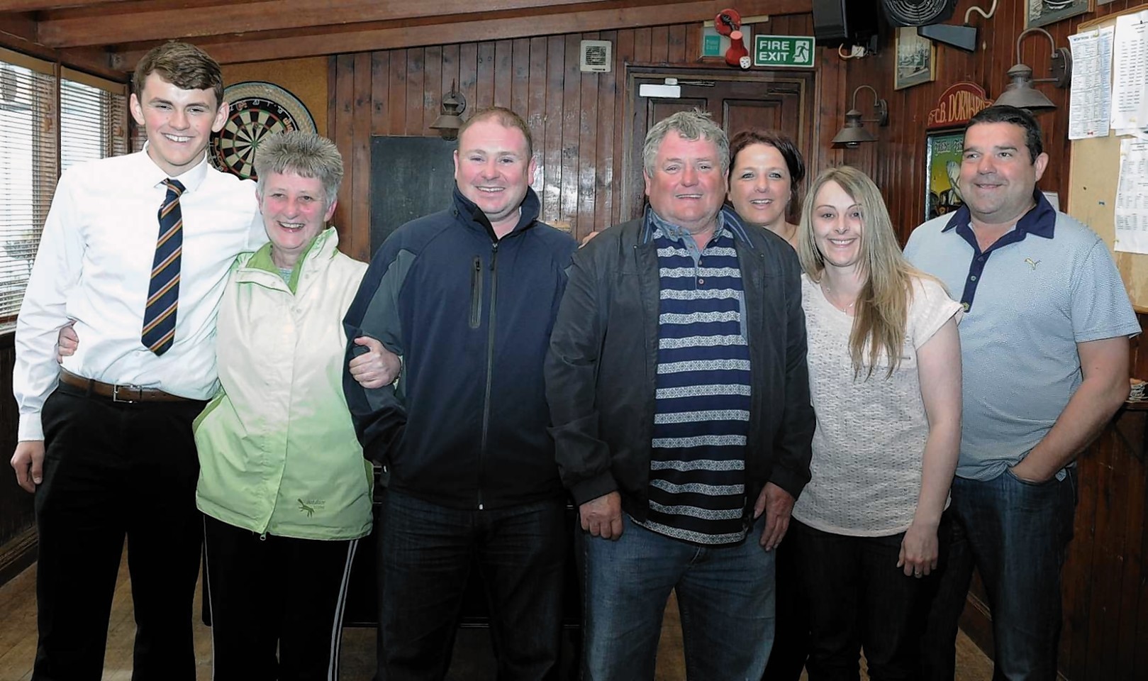 The family and friends of the fishermen found at sea. Pictured in the Harbour Bar, Gourdon are from left: Ritchie Irvine, Marion Irvine, Brian Irvine, David Irvine, Debbie Dorward, Michelle McKenzie and  Bruce Dorward