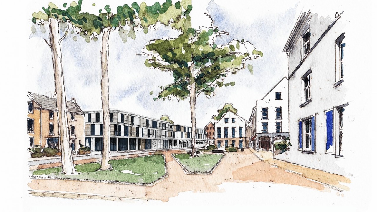 An artist’s impression showing the business park viewed from a residential green to the north.
