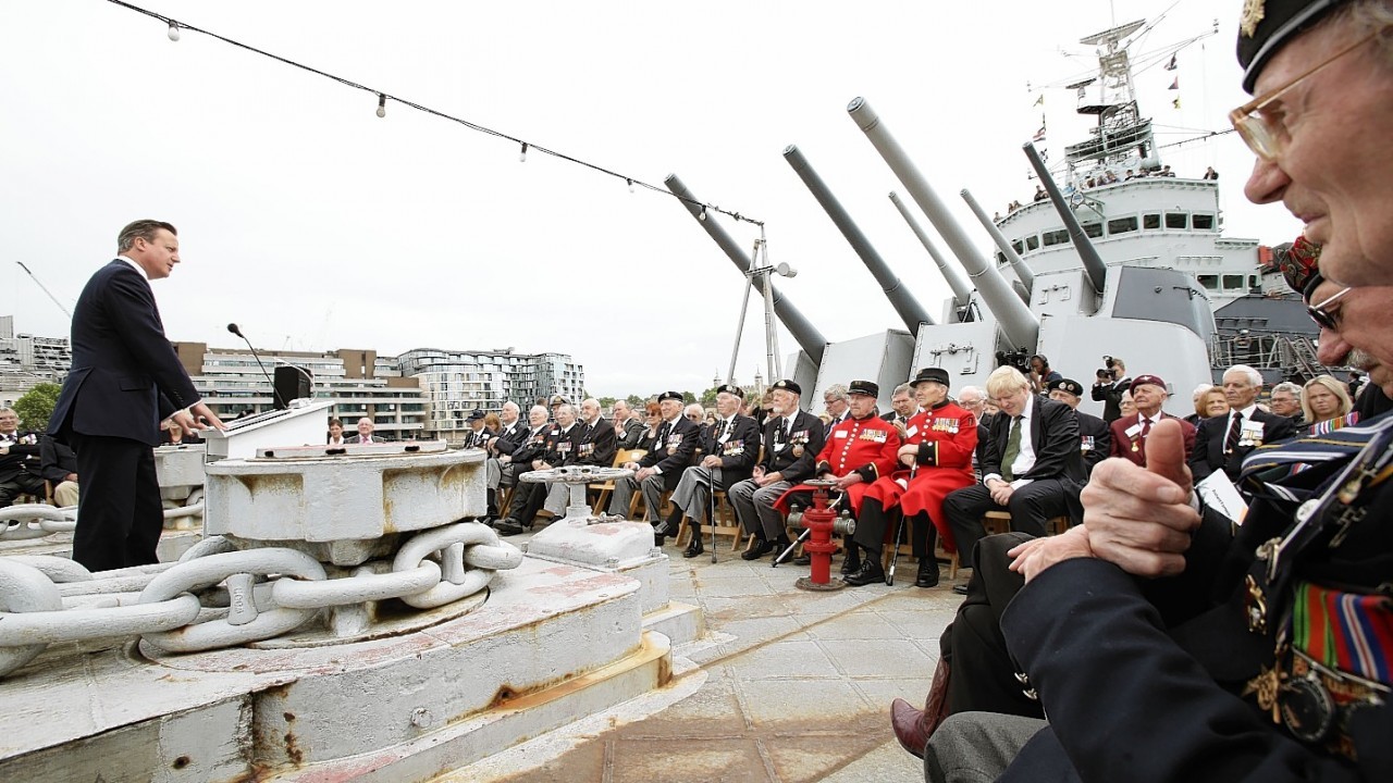 Prime Minister David Cameron speaking on board the Second World War warship HMS Belfast in London, during a ceremony to mark the 70th anniversary of the historic Normandy Landings