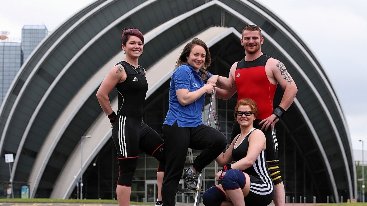 Weightlifters (left to right) Georgina Black, Louise Mather, Sophie Smyth and Peter Kirkbride outside the Armadillo Venue as they are  announced as part of Team Scotland for the Commonwealth Games.